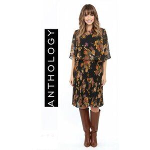NWT! Anthology -  black dress with floral print & pleated skirt